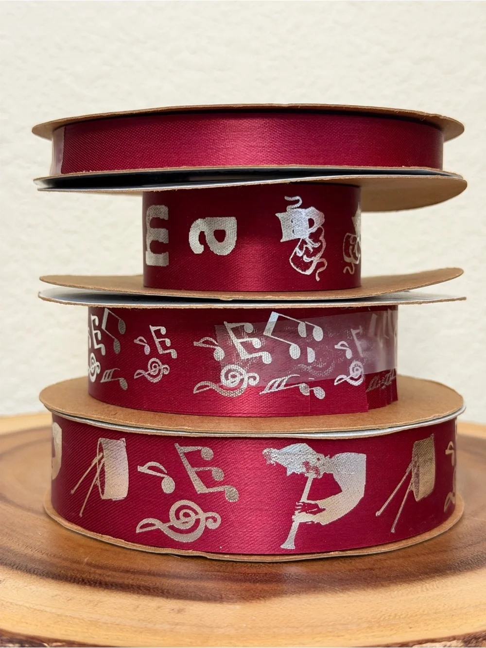 Assortment of Burgundy Satin Homecoming Mum Ribbon with Silver Designs